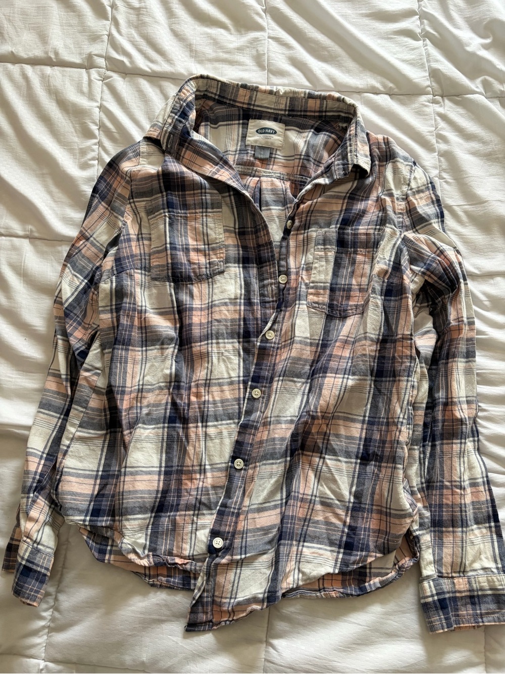 Old Navy Womens Plaid Button-Up Shirt - Cream, Navy & Peach